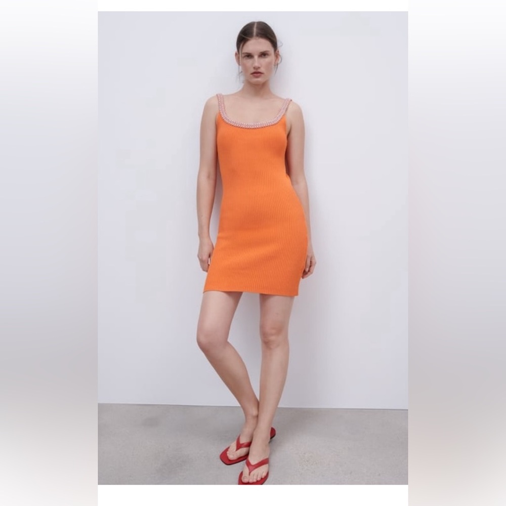 Zara Woman Mini Knit Dress With Faux Pearls Strappy Orange